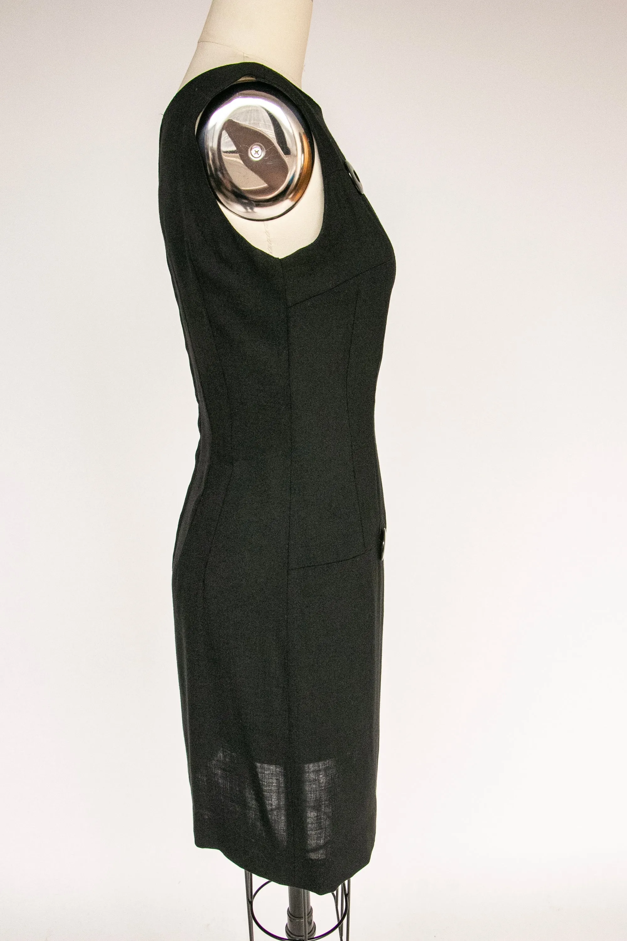 1960s Dress Black Linen Shift S