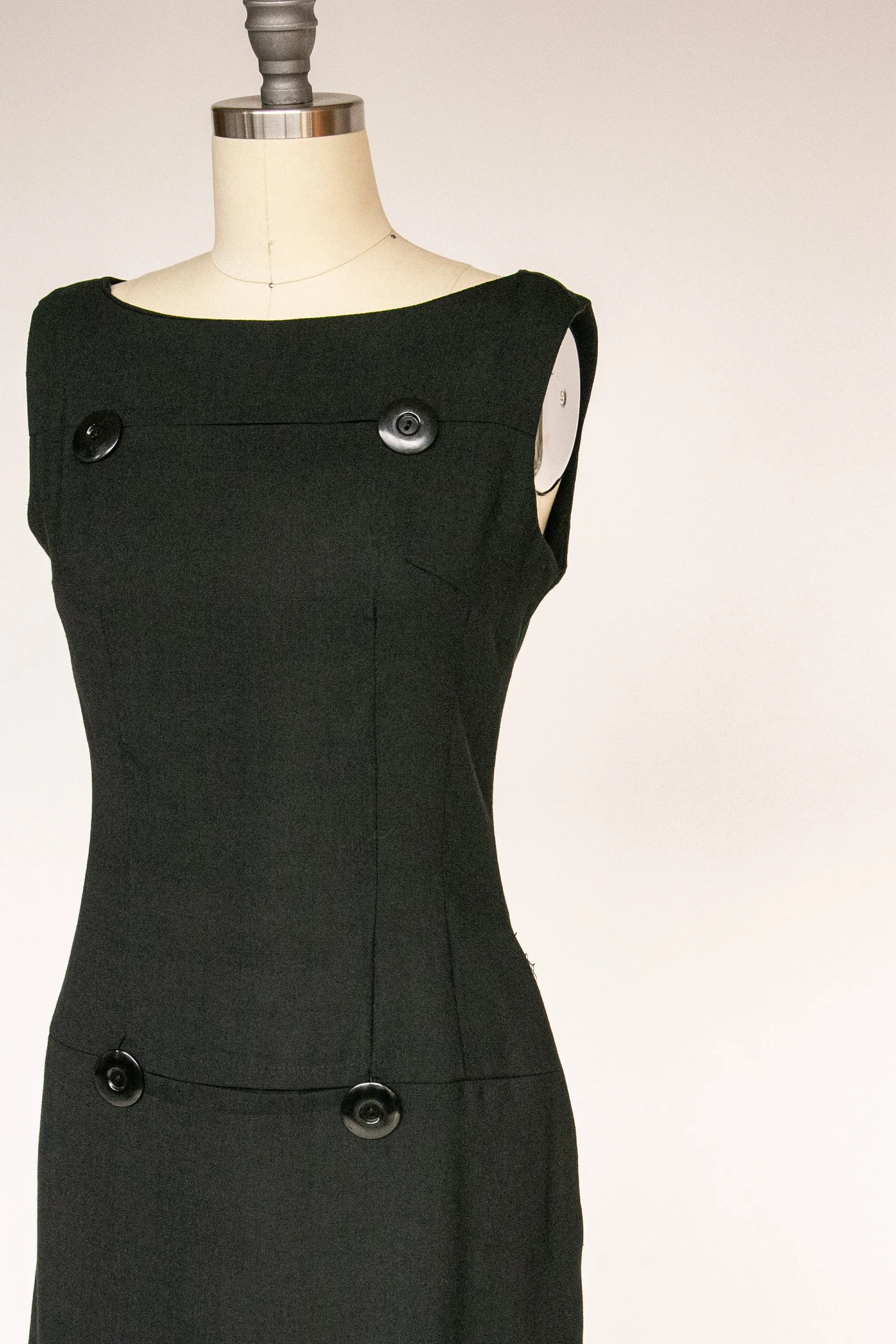 1960s Dress Black Linen Shift S