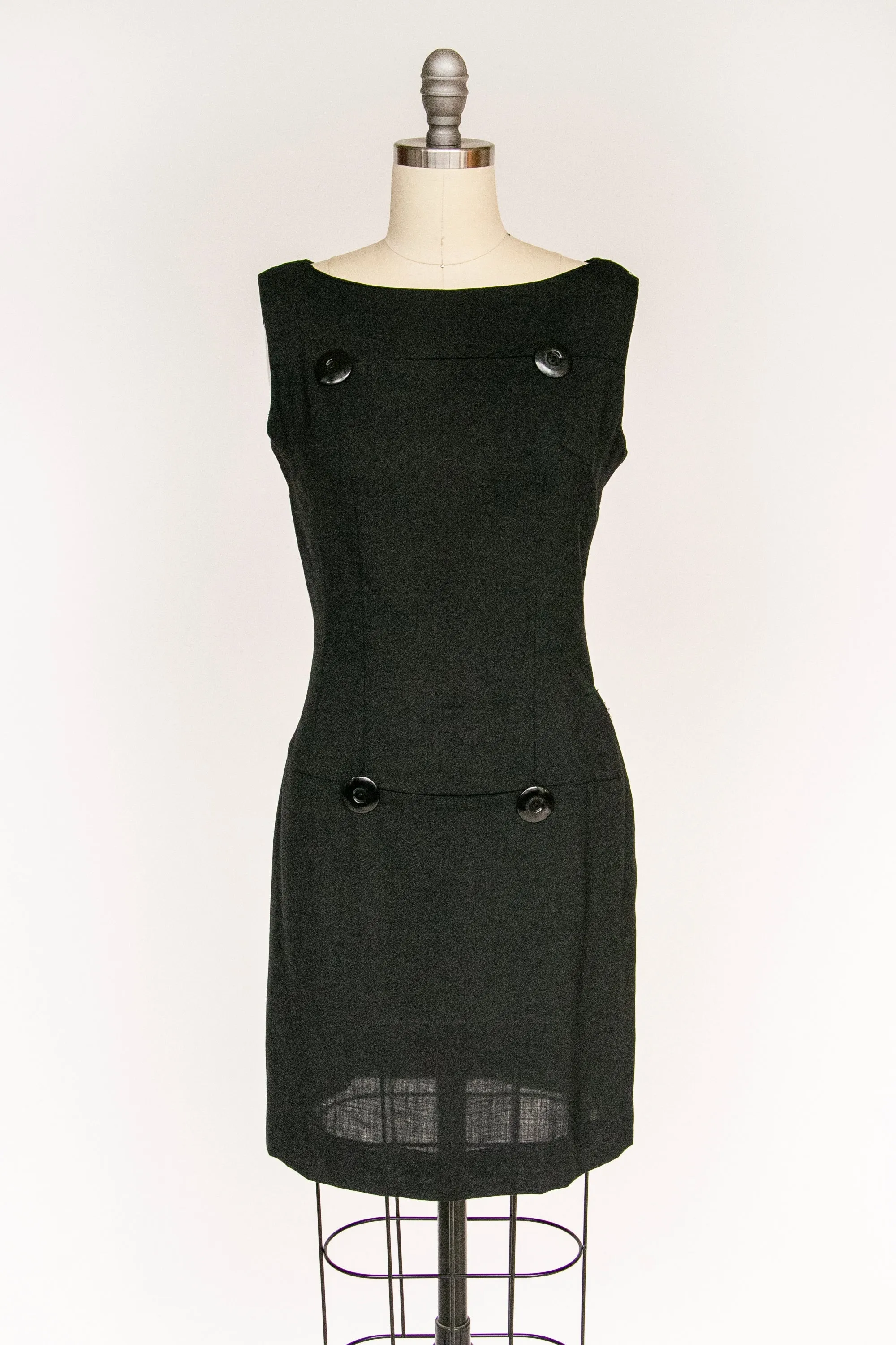 1960s Dress Black Linen Shift S