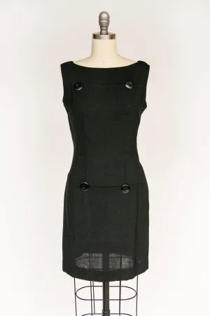 1960s Dress Black Linen Shift S