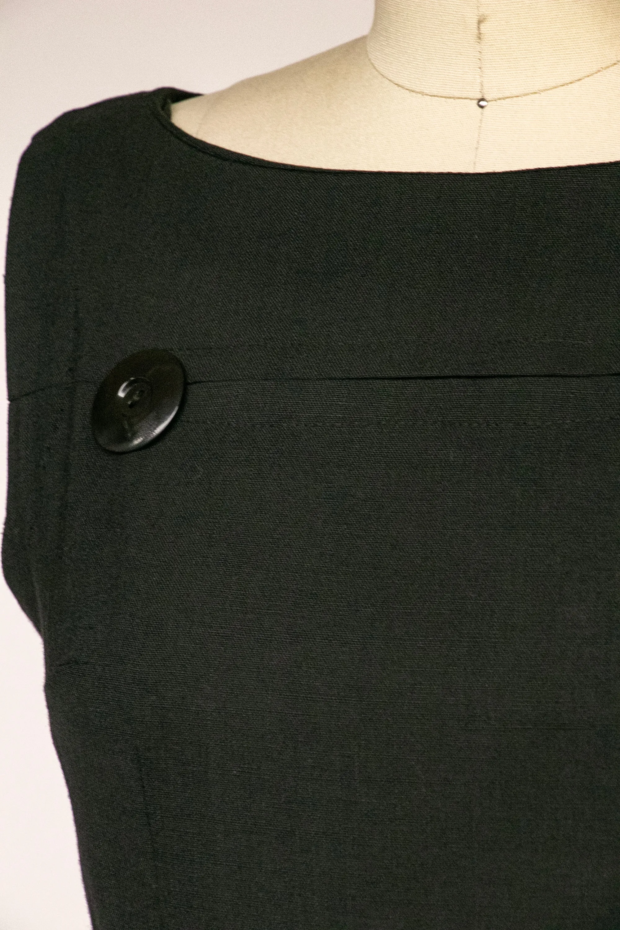 1960s Dress Black Linen Shift S