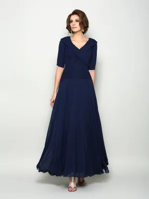 A-Line Chiffon V-neck 1/2 Sleeves Ankle-Length With Ruffles Mother of the Bride Dresses