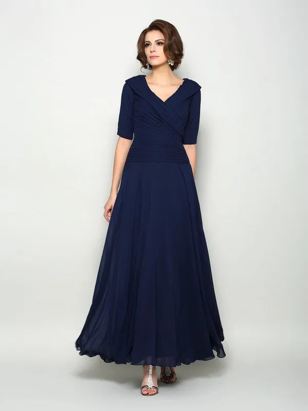 A-Line Chiffon V-neck 1/2 Sleeves Ankle-Length With Ruffles Mother of the Bride Dresses