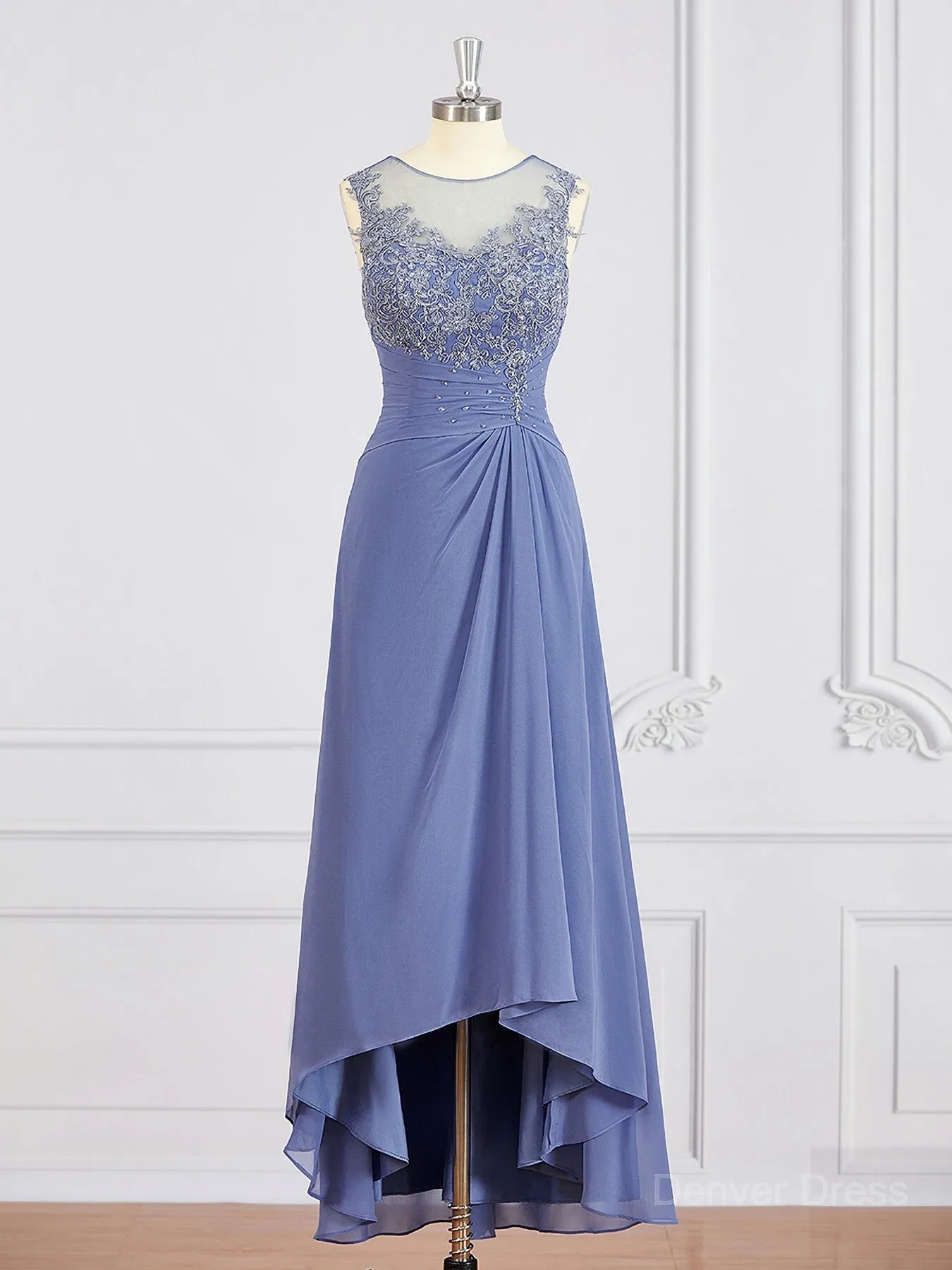 A-Line Scoop Asymmetrical Chiffon Mother of the Bride Dresses With Appliques Lace