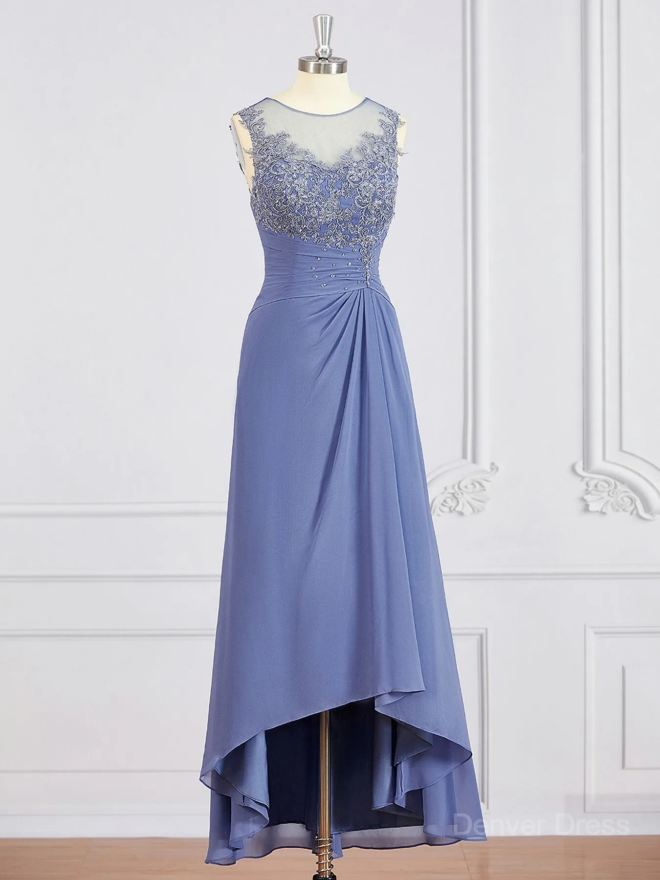 A-Line Scoop Asymmetrical Chiffon Mother of the Bride Dresses With Appliques Lace