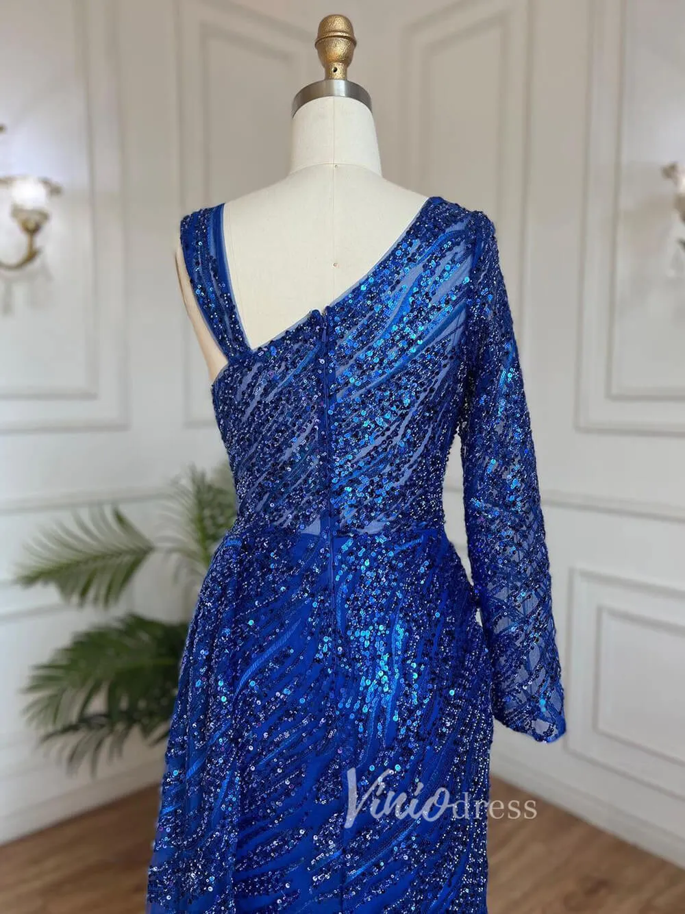 Beaded Evening Dress One Shoulder Long Sleeve Mermaid Prom Dresses 20034