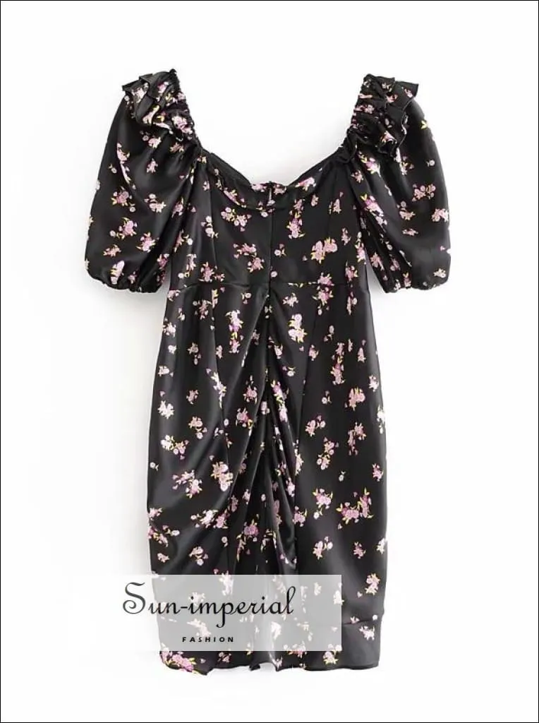 Black Short Sleeve Floral Print Drawstring Backless Sweetheart Neckline Mini Dress