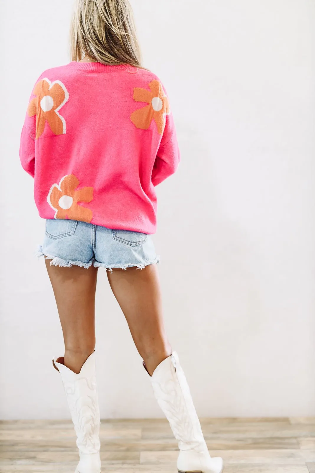 Bright as Can Be Flower Oversized Sweater - Pink and Orange