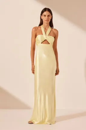 La Lune Lemon Yellow Ruched Halter Neck Maxi Dress