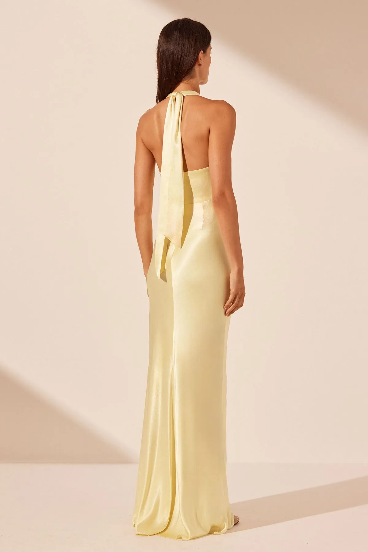La Lune Lemon Yellow Ruched Halter Neck Maxi Dress