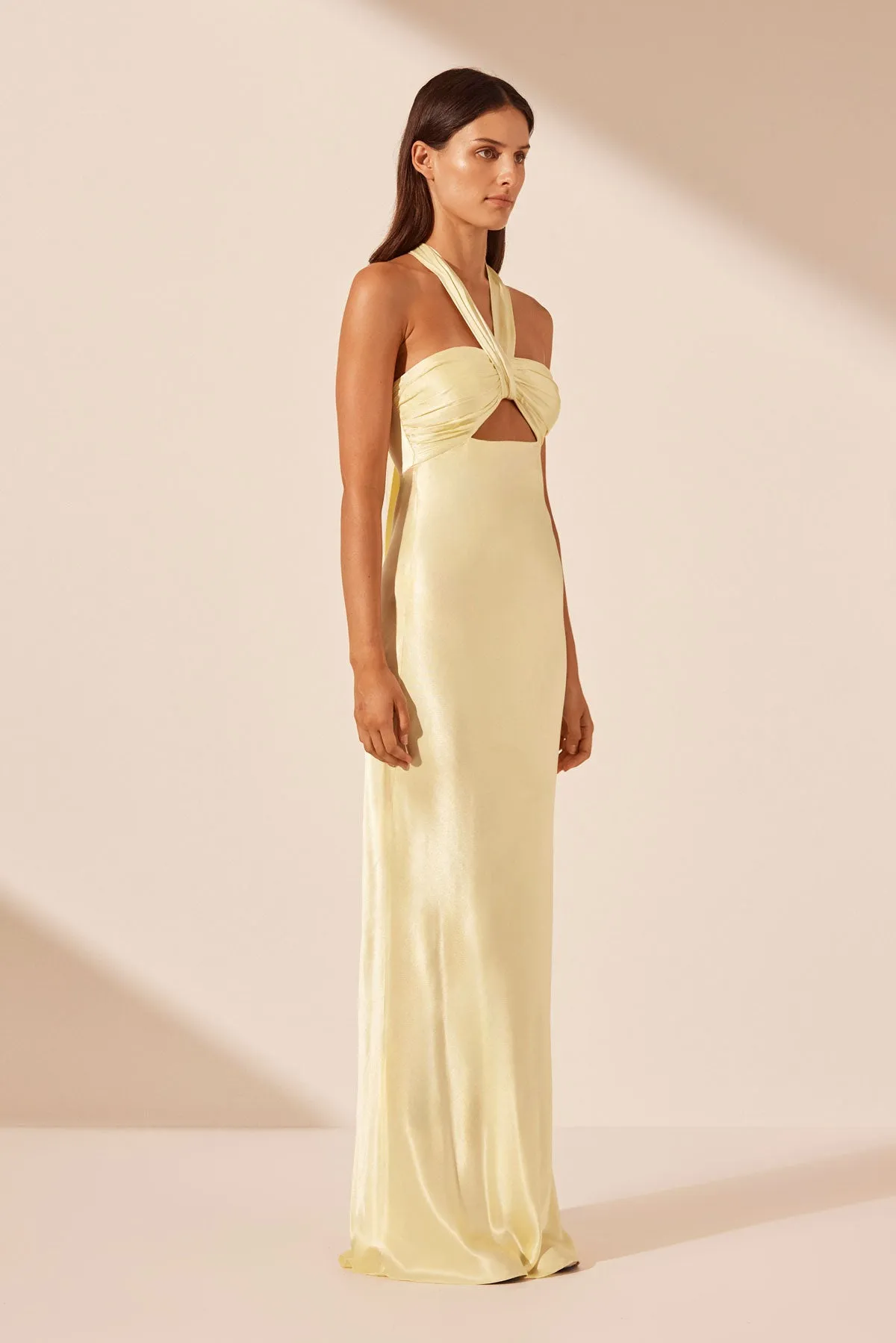 La Lune Lemon Yellow Ruched Halter Neck Maxi Dress