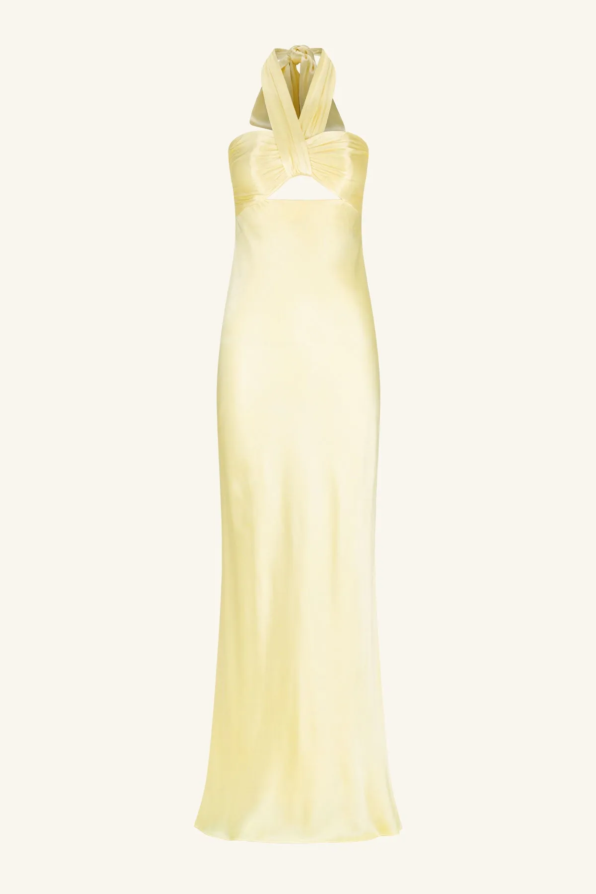 La Lune Lemon Yellow Ruched Halter Neck Maxi Dress