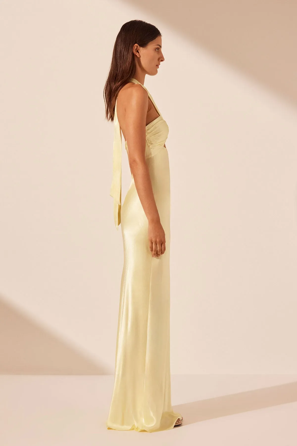 La Lune Lemon Yellow Ruched Halter Neck Maxi Dress