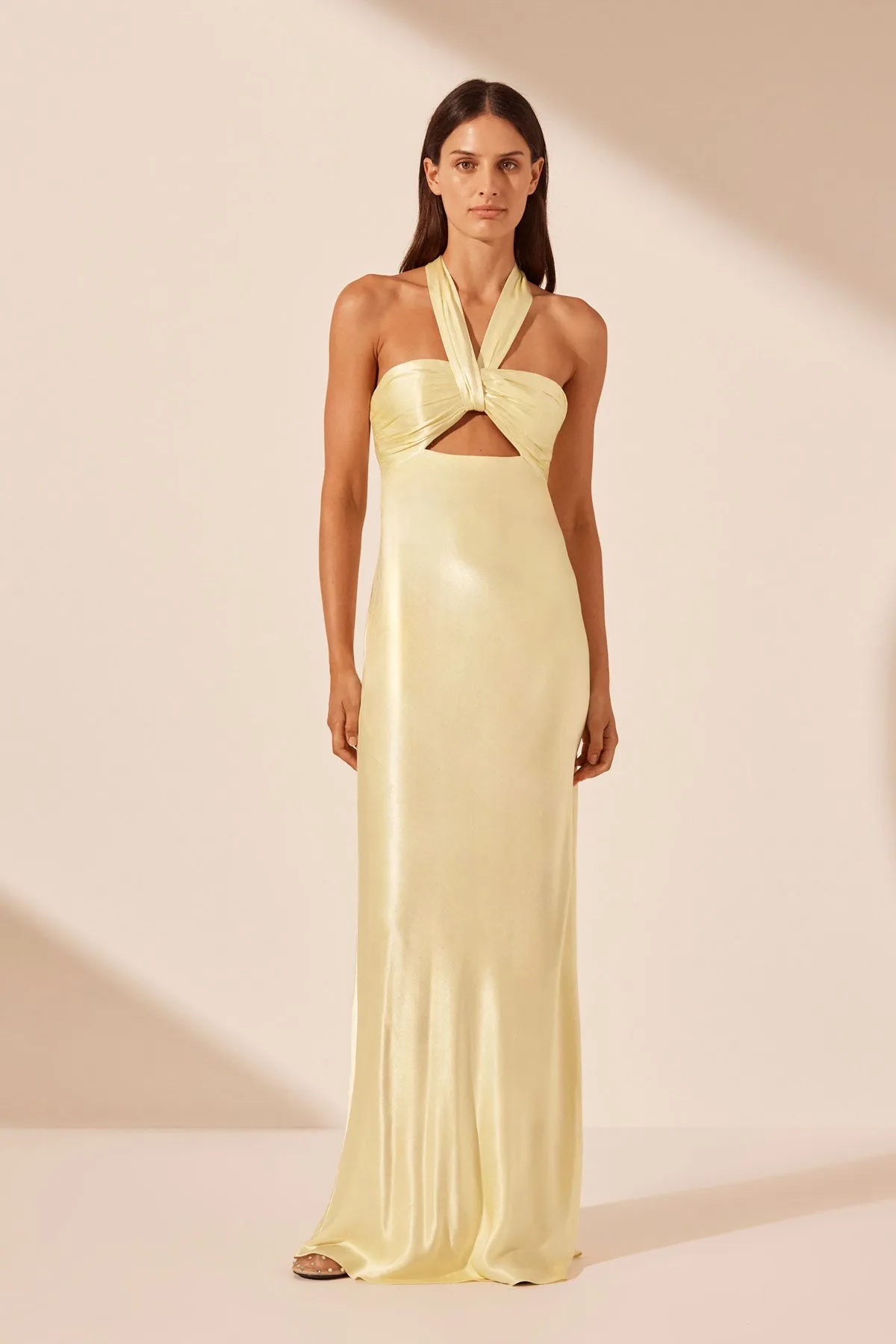 La Lune Lemon Yellow Ruched Halter Neck Maxi Dress