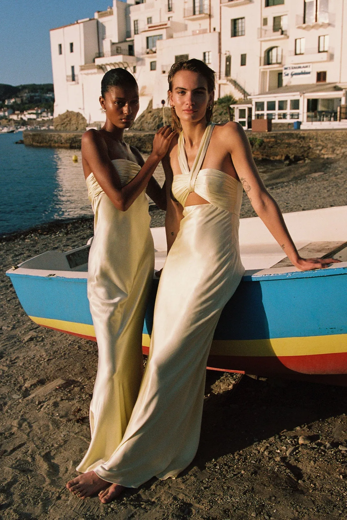 La Lune Lemon Yellow Ruched Halter Neck Maxi Dress