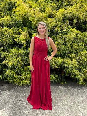 Lucci Lu 93078 Claret Lace High Neck Chiffon A-Line Dress
