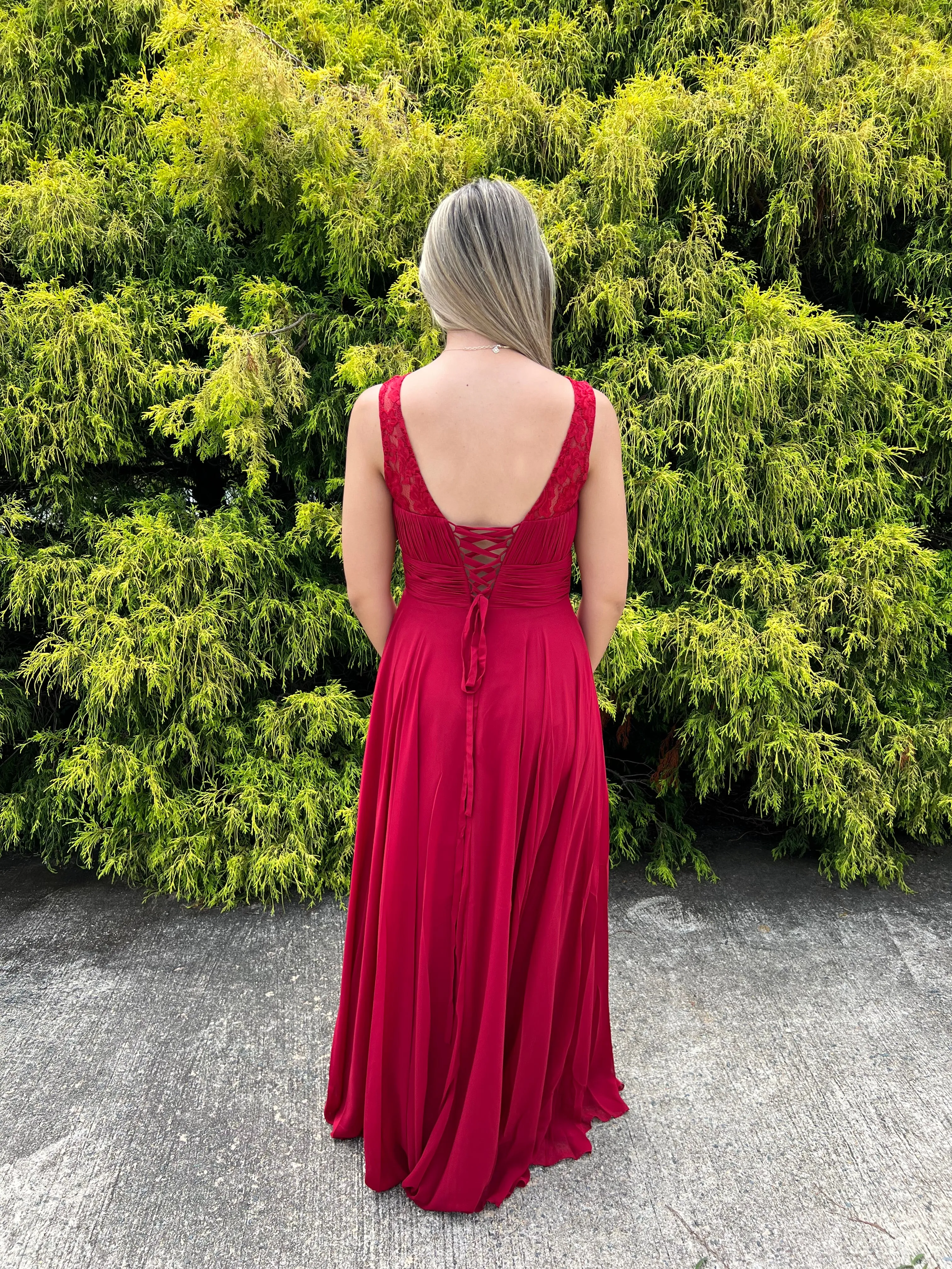 Lucci Lu 93078 Claret Lace High Neck Chiffon A-Line Dress