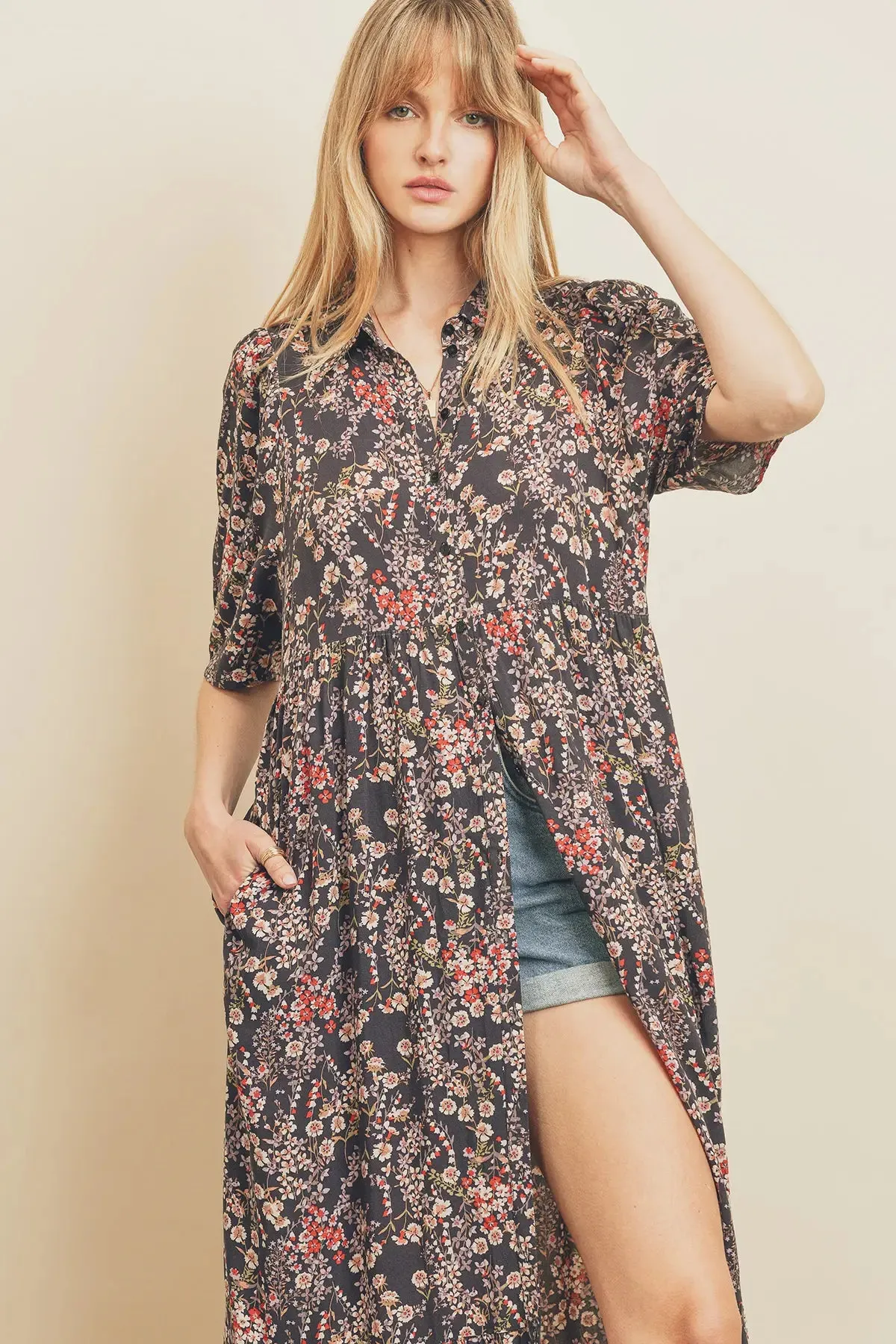 Midnight Garden Floral Print Shirt Dress