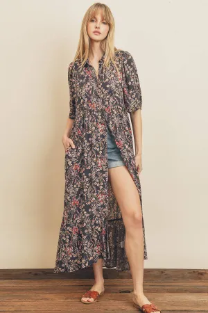 Midnight Garden Floral Print Shirt Dress