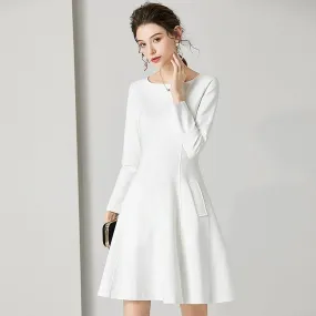 Elegant White Long-Sleeve Fit-and-Flare Cocktail Dress
