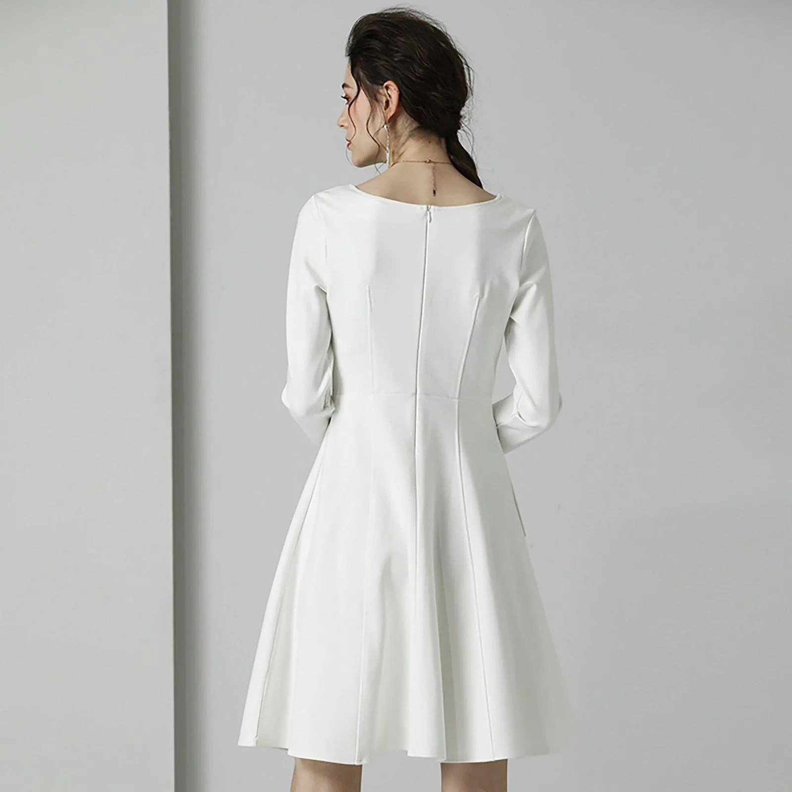 Elegant White Long-Sleeve Fit-and-Flare Cocktail Dress