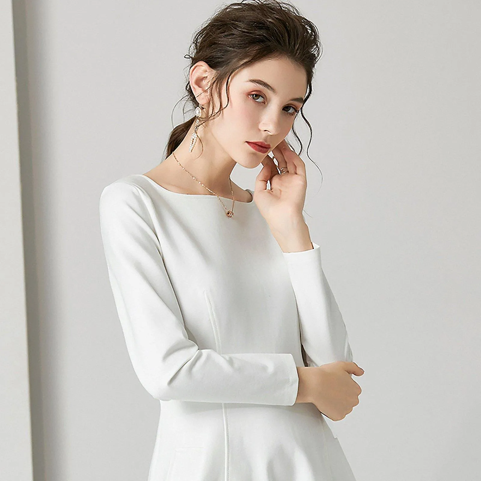 Elegant White Long-Sleeve Fit-and-Flare Cocktail Dress