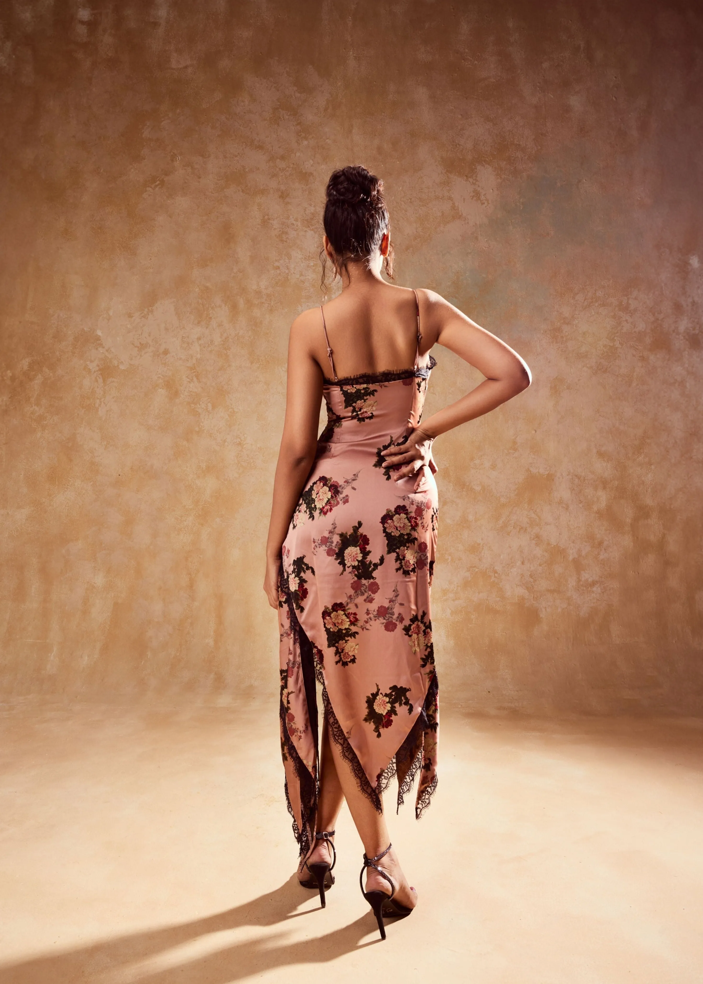 Wisteria Floral Printed Satin and Lace Slip Dress